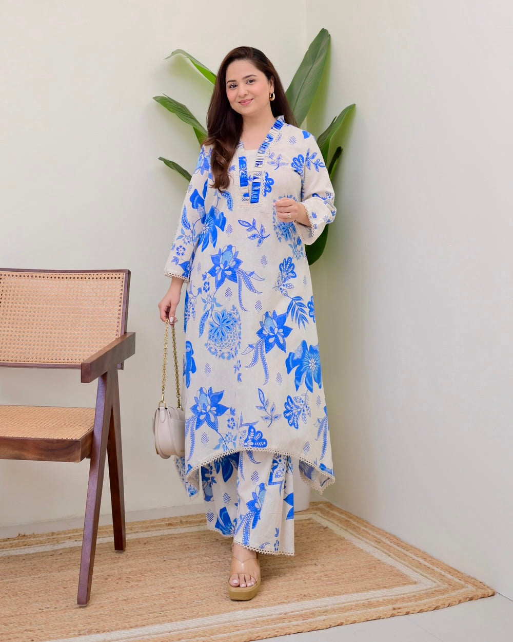 BLUE FLORAL A LINE PREMIUM 100% COTTON KURTA SET