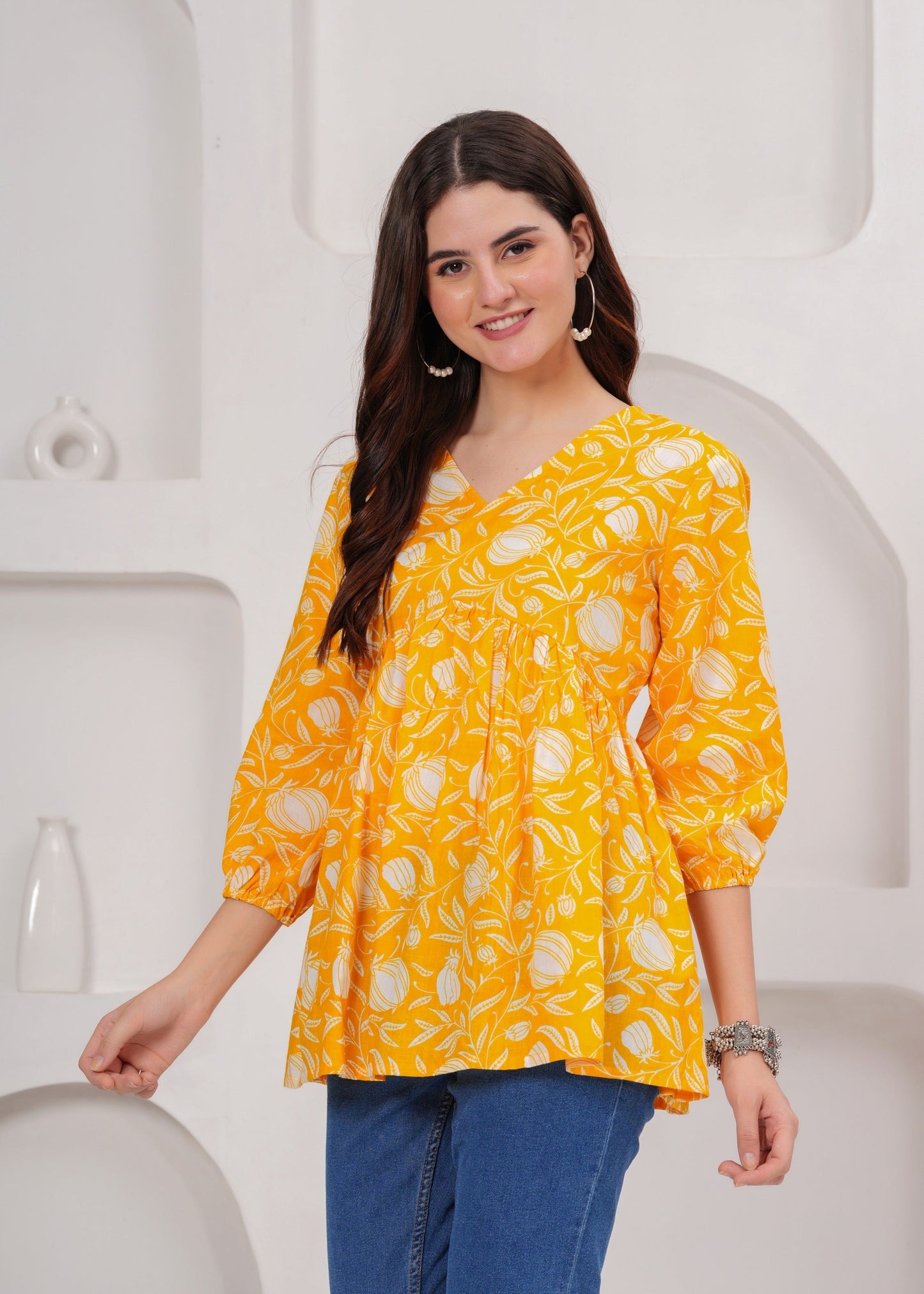 Yellow Cotton V-neck Top