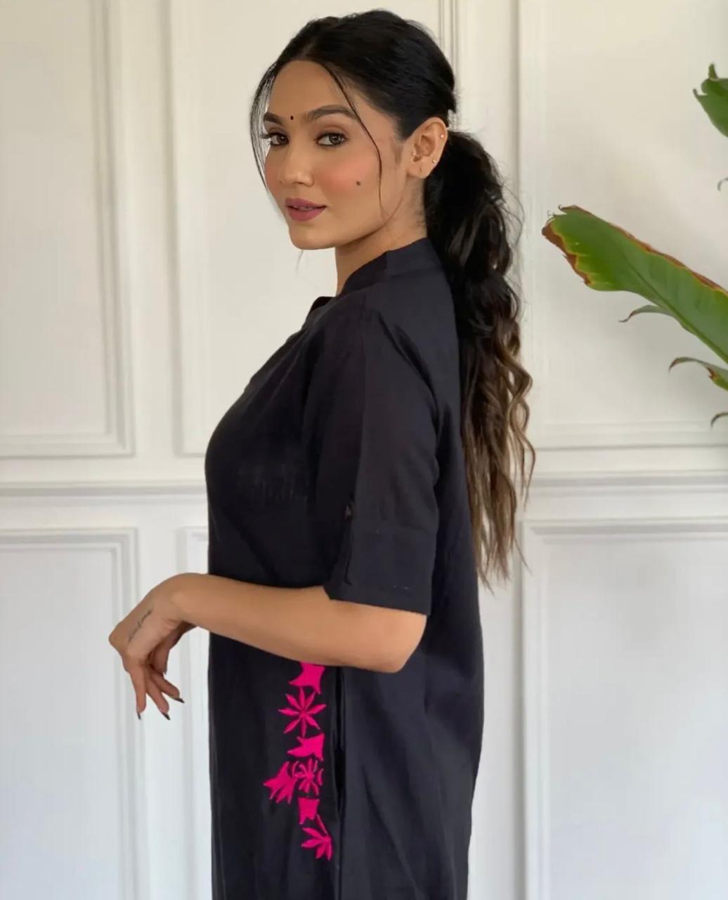 Elegant Black Layered Embroidered Cotton Kurta and Plazo Set with Pockets