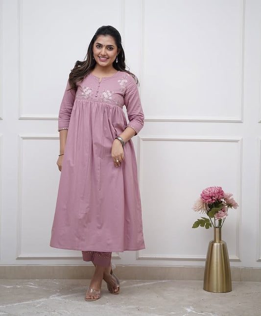 Blush Pink Embroidered Cotton Kurta Pant Set