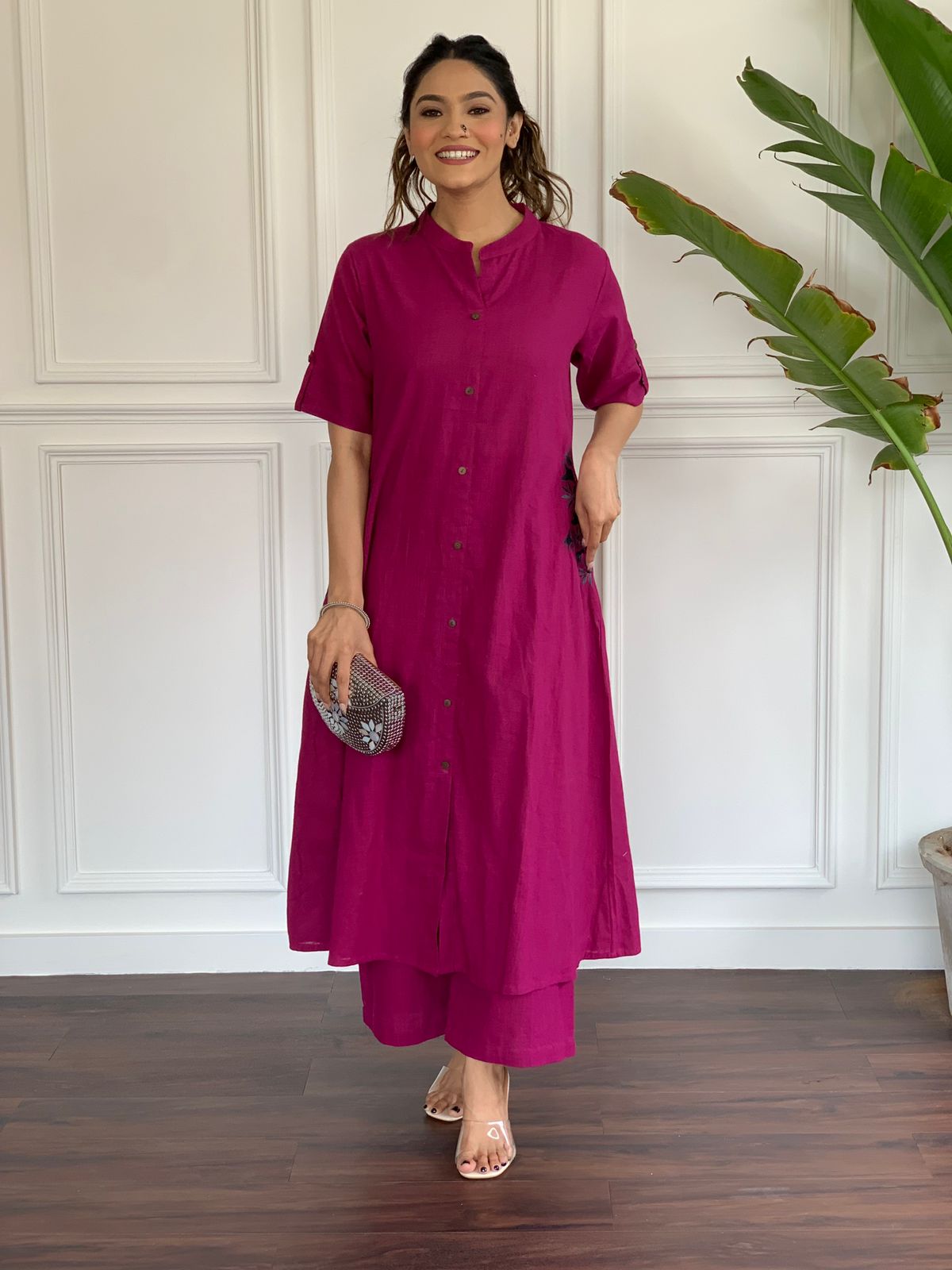 Fuchsia Pink Embroidered Cotton Kurta and Plazo Set with Pockets