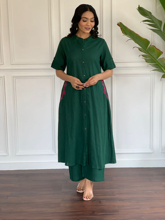Dark Green Embroidered Cotton Kurta And Plazzo Set with Pockets