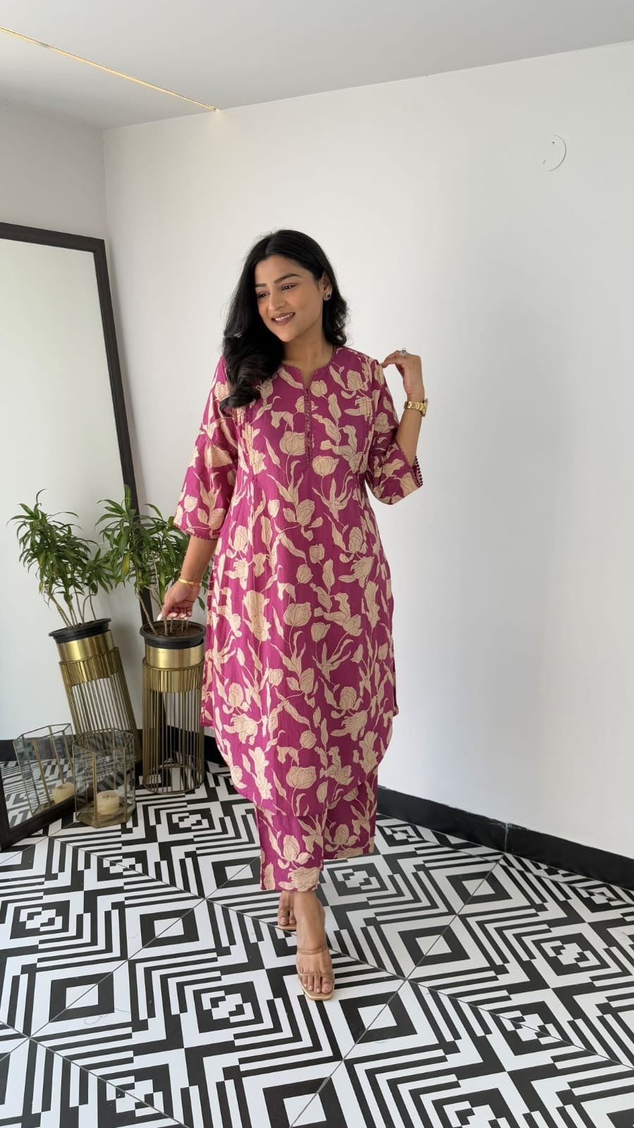 Premium Pink Floral Cotton Kurta & Pant Set
