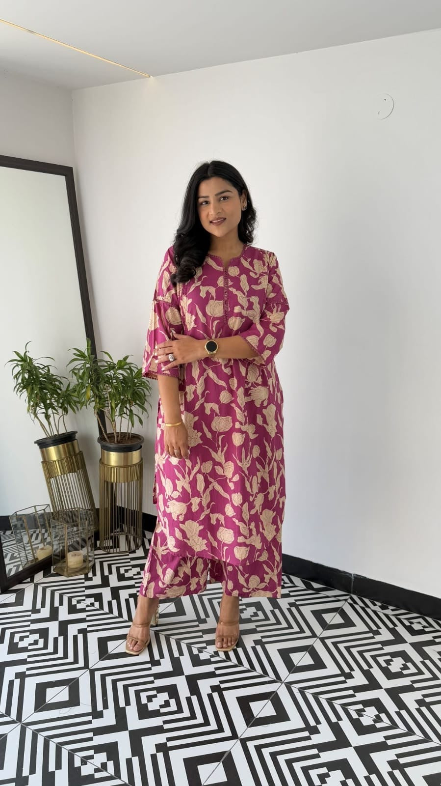 Premium Pink Floral Cotton Kurta & Pant Set