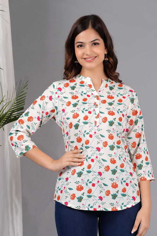 Cut and Style Women Floral Printed Tunic Tops 3/4 Roll Sleeve V Neck Long Sleeve (White Orange Flower)