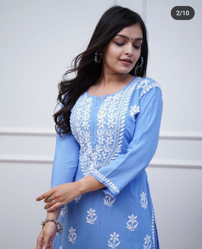 Rayon Bright Colour Chicken Embroidery On Kurti And Pant