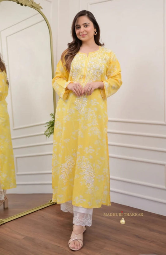 YELLOW CHIKANKARI EMBROIDERED STRAIGHT MUL COTTON KURTI