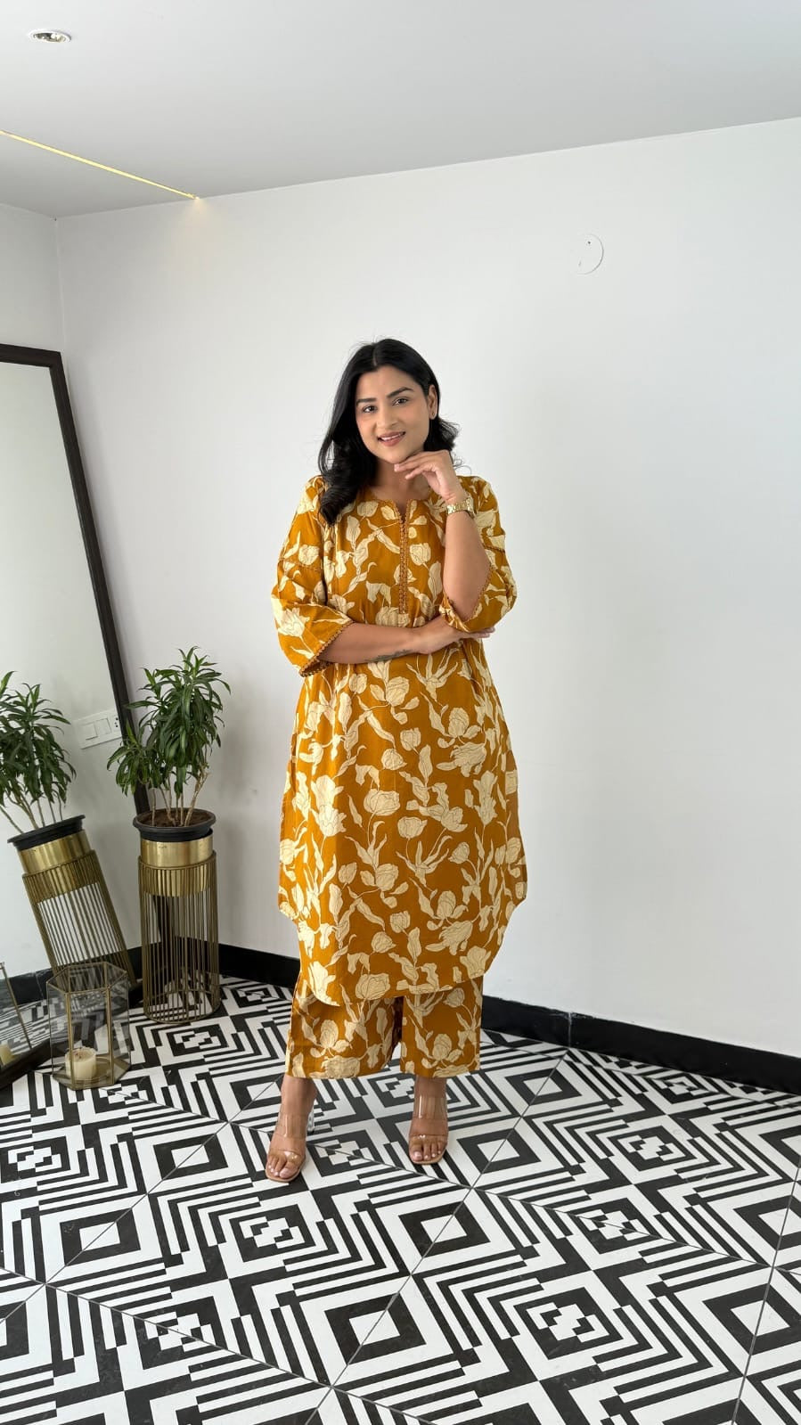 Premium Elegant Mustard Floral Cotton Kurta & Pant Set