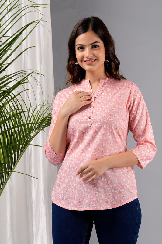 Cut and Style Women Floral Printed Tunic Tops 3/4 Roll Sleeve V Neck Long Sleeve (Peach)