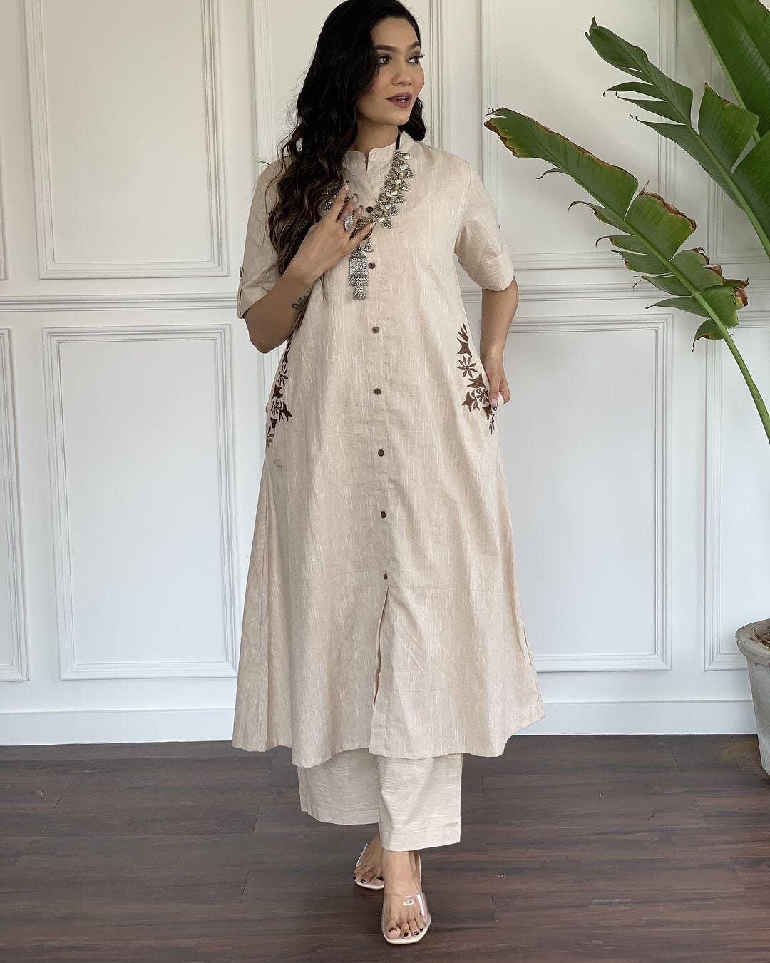 White Cotton Slub Pocket Embroidery Kurta and Plazo Set