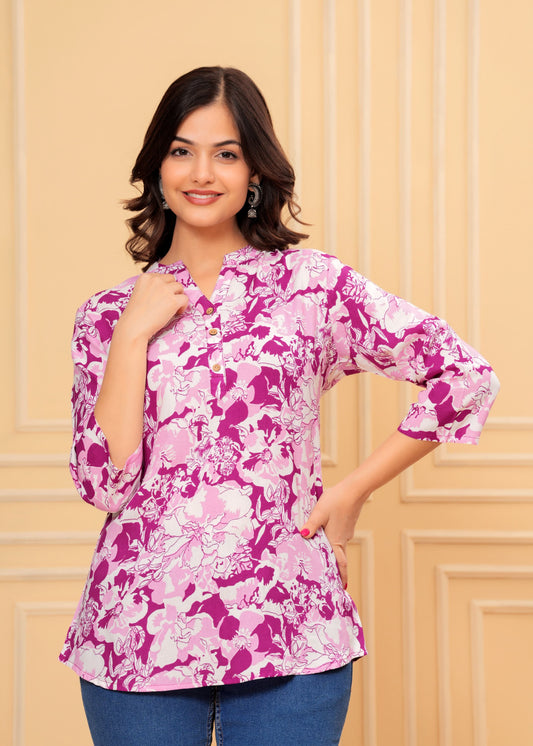 Rayon short kurti pink floral printed
