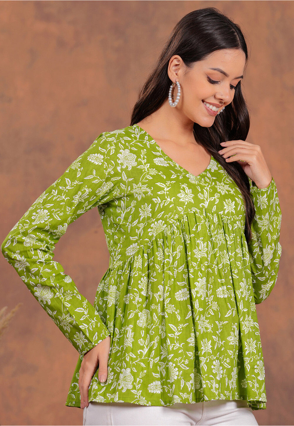 Printed Pure Cotton Top in Green