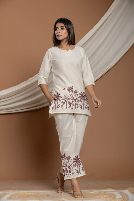WHITE COTTON EMBROIDERED CO-ORD SET FOR WOMEN