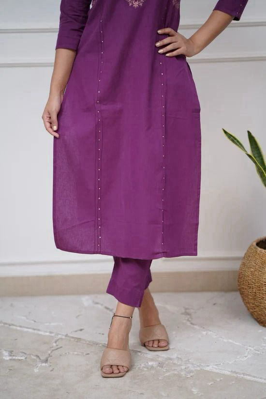 WINE EMBROIDERED INDIAN COTTON SALWAR KAMEEZ STRAIGHT KURTI PANT CO ORD SET