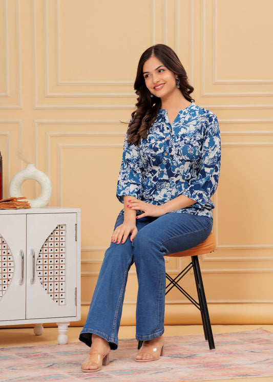 Premium blue flower printed rayon girls topper