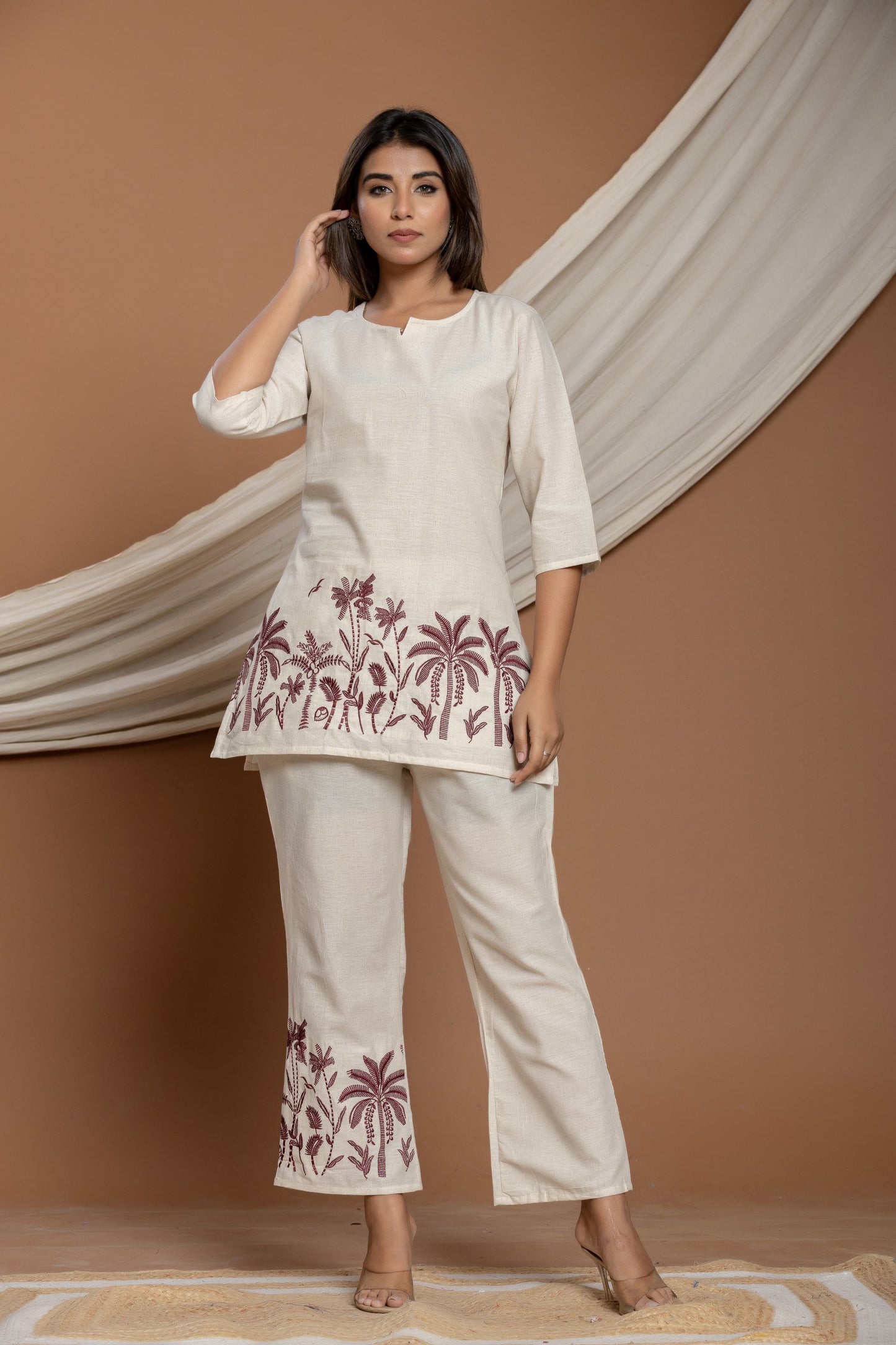 WHITE COTTON EMBROIDERED CO-ORD SET FOR WOMEN