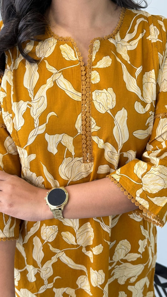 Premium Elegant Mustard Floral Cotton Kurta & Pant Set