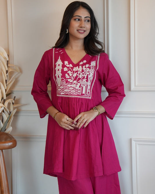 Magenta Embroidered Premium Cotton Co-Ord Set