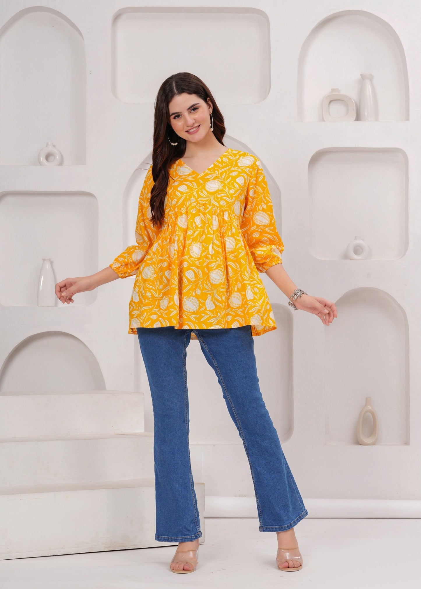 Yellow Cotton V-neck Top