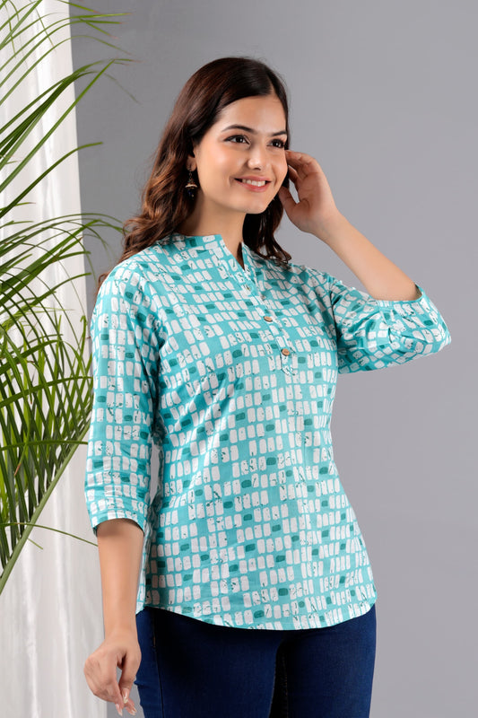 Cut and Style Women Rayon Floral Printed Kurti Tunic (Blue White)