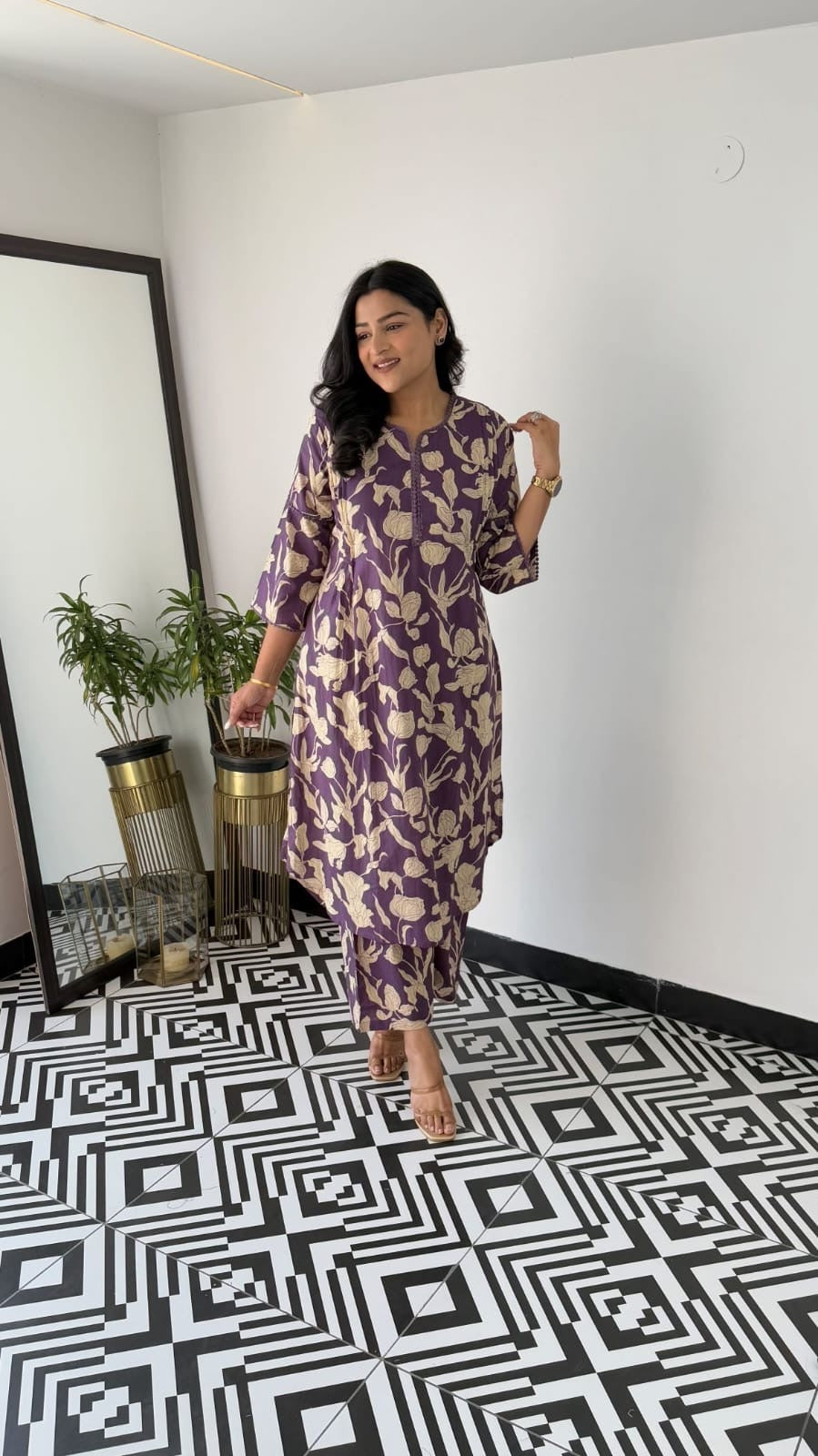 Premium Purple Floral Cotton Kurta Set