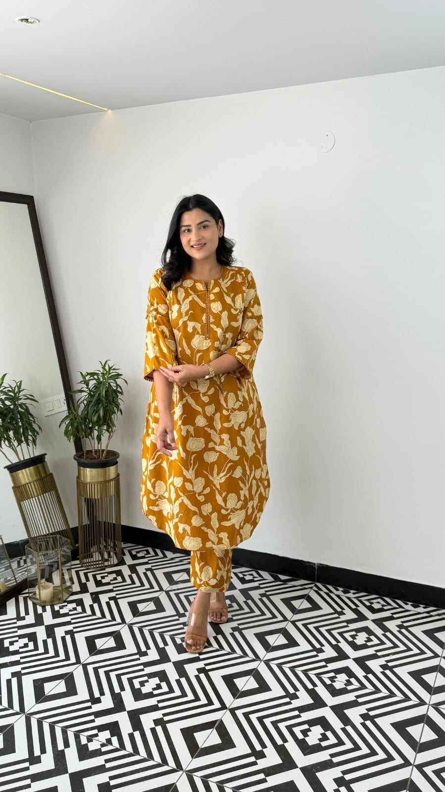Premium Elegant Mustard Floral Cotton Kurta & Pant Set