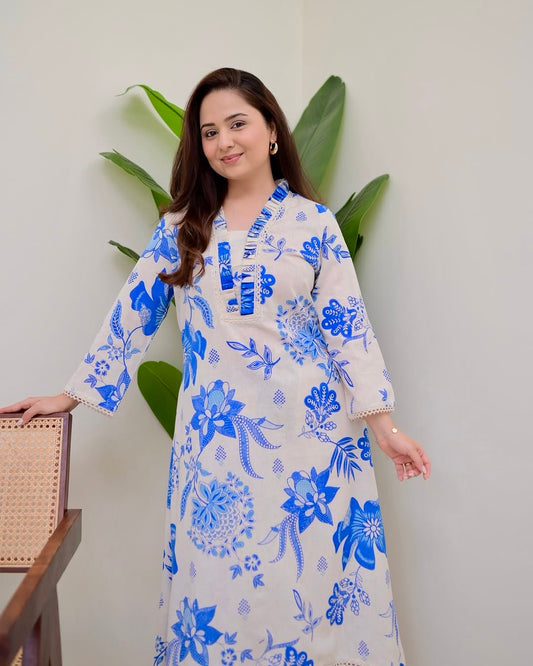 BLUE FLORAL A LINE PREMIUM 100% COTTON KURTA SET