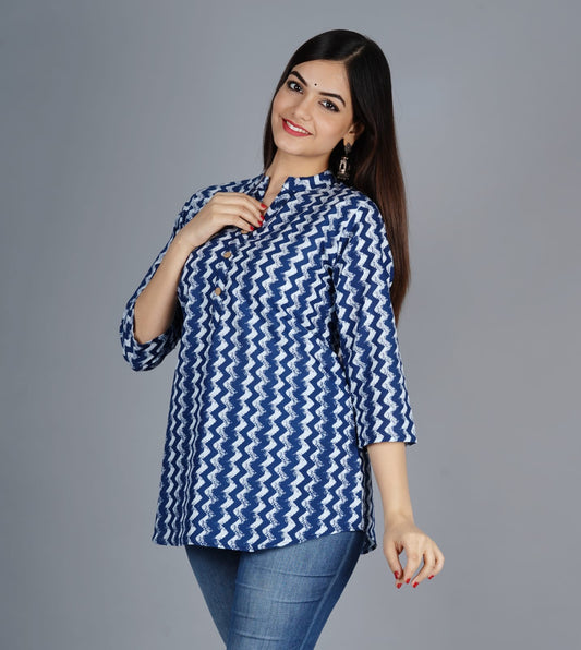 Women Rayon Printed Short Tunic Top V Neck Button Kurti (Navy Blue)