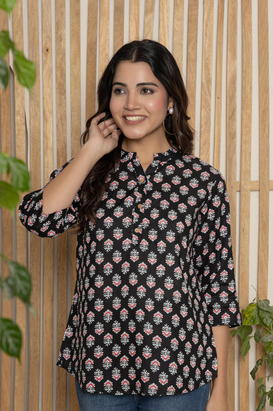 NEW FLOWER PRINT TUNIC KURTI(BLACK)