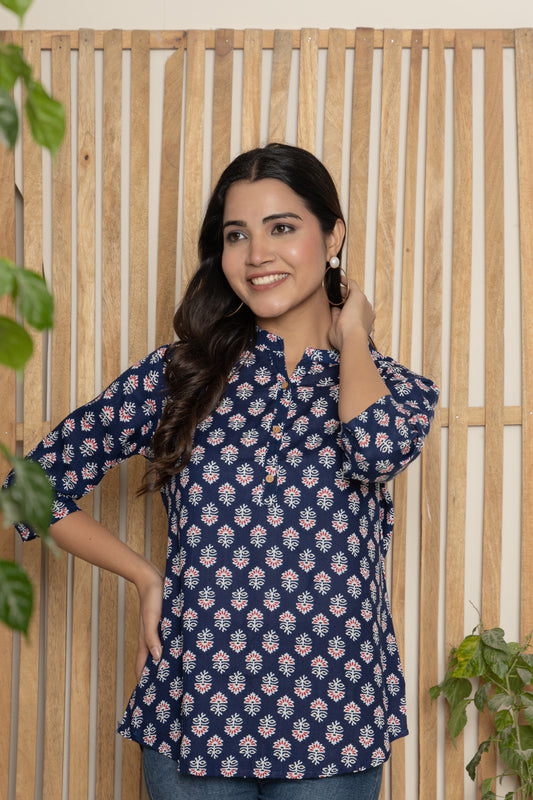 NEW FLOWER PRINT TUNIC KURTI(NAVY BLUE )