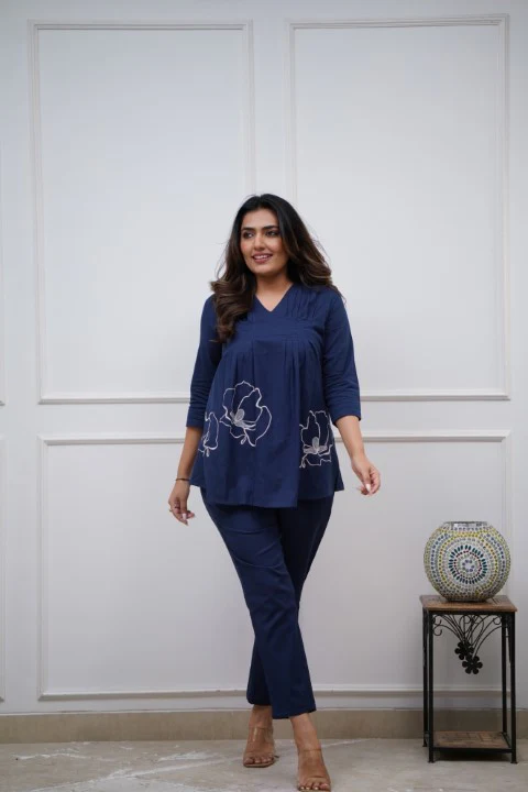 Royal Blue A-Line Embroidery Kurta With Pant
