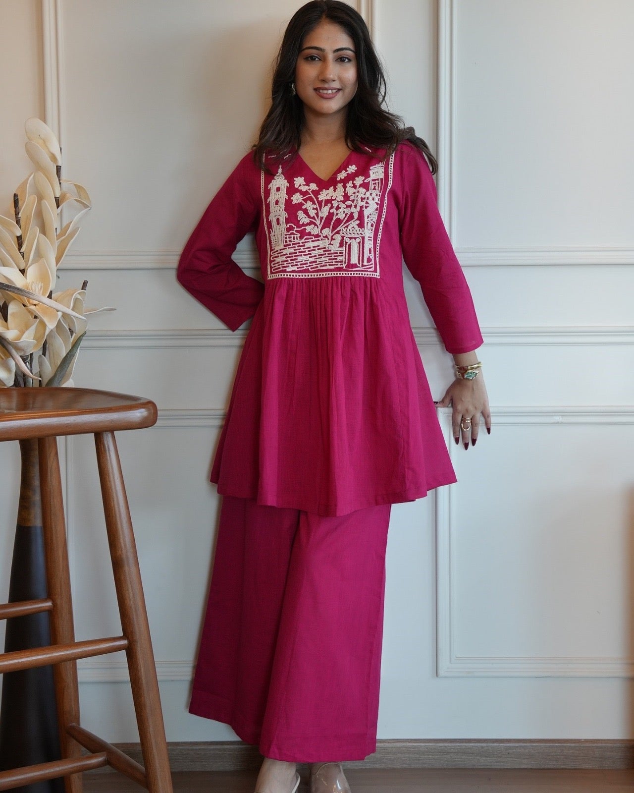 Magenta Embroidered Premium Cotton Co-Ord Set