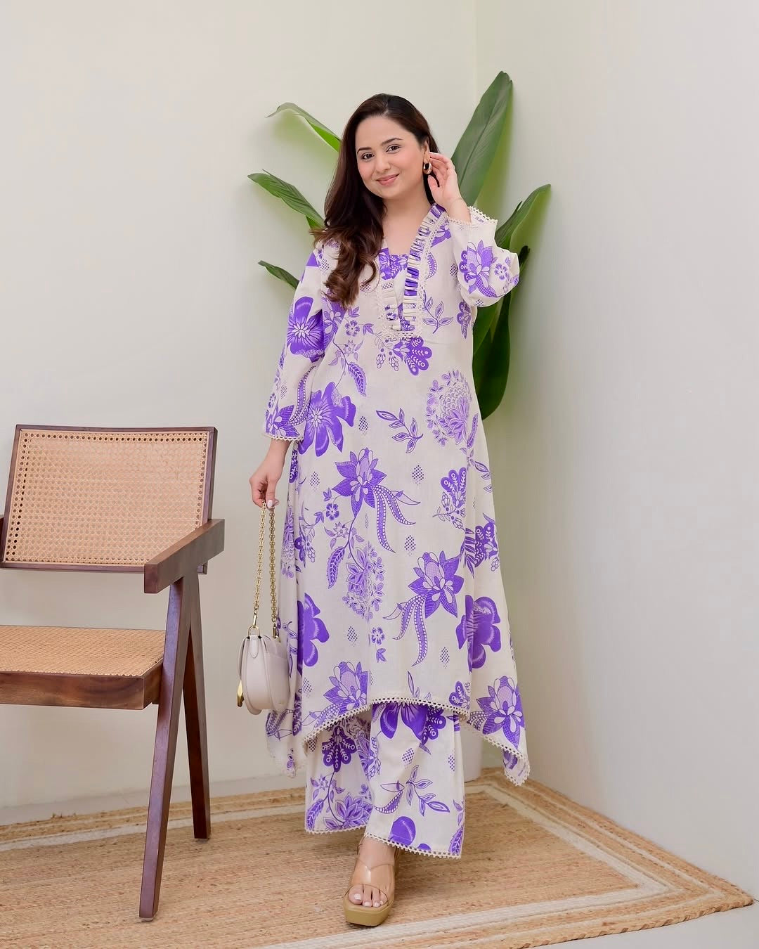 PURPLE FLORAL A LINE PREMIUM 100% COTTON KURTA SET