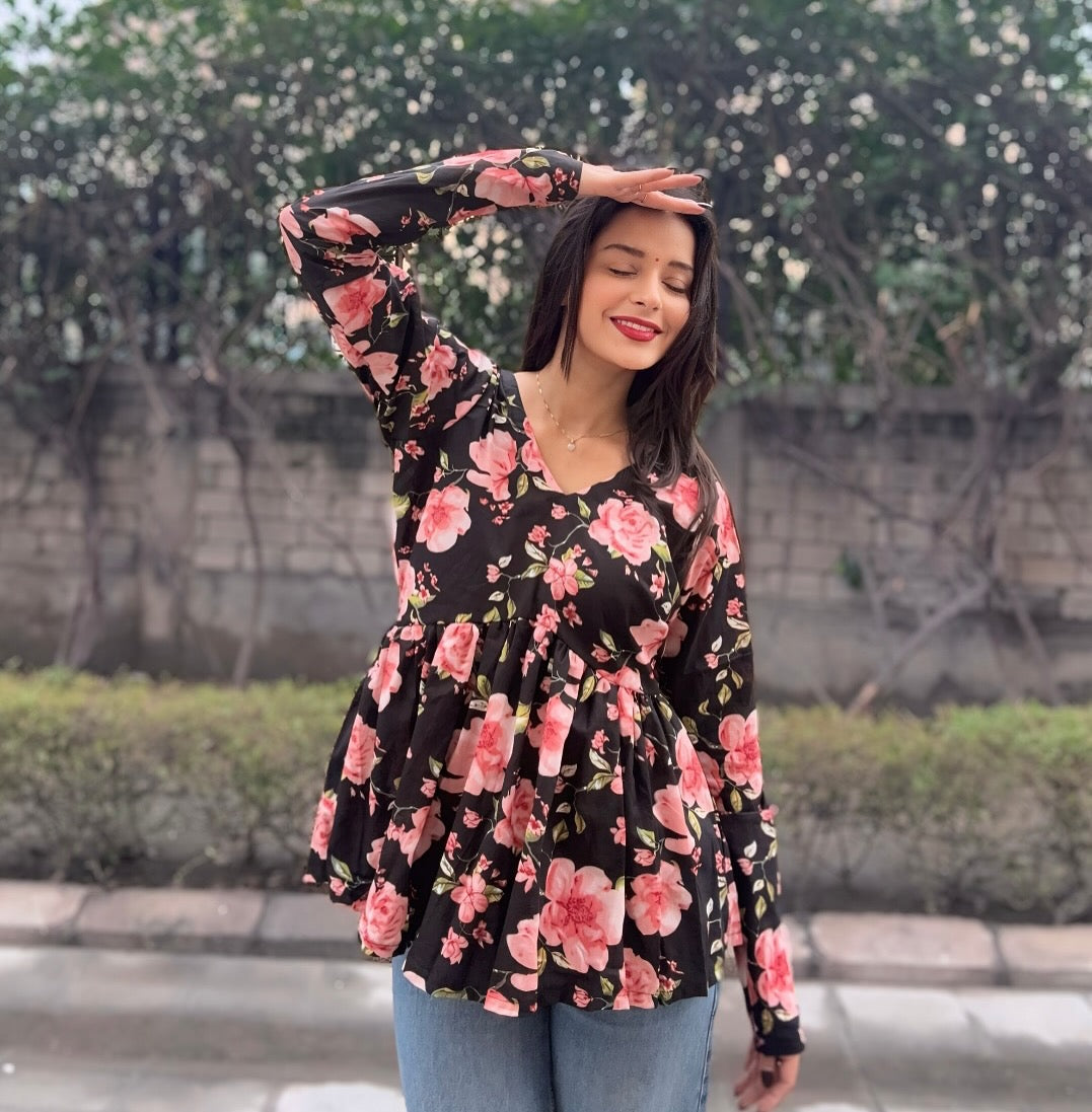 Floral Charm Peplum Top – Black & Pink
