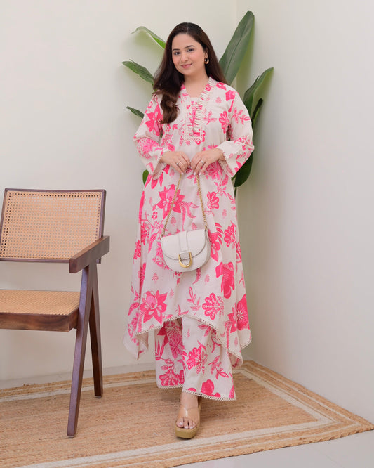 PINK FLORAL A LINE COTTON KURTA SET
