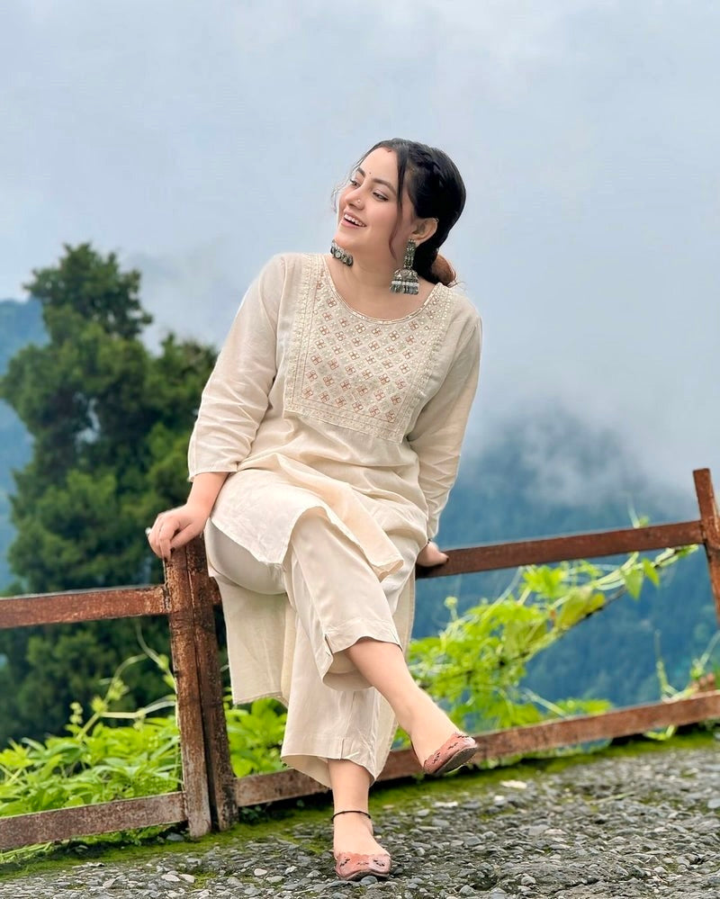 Off White Embroidered Cotton Kurta and Pant Set