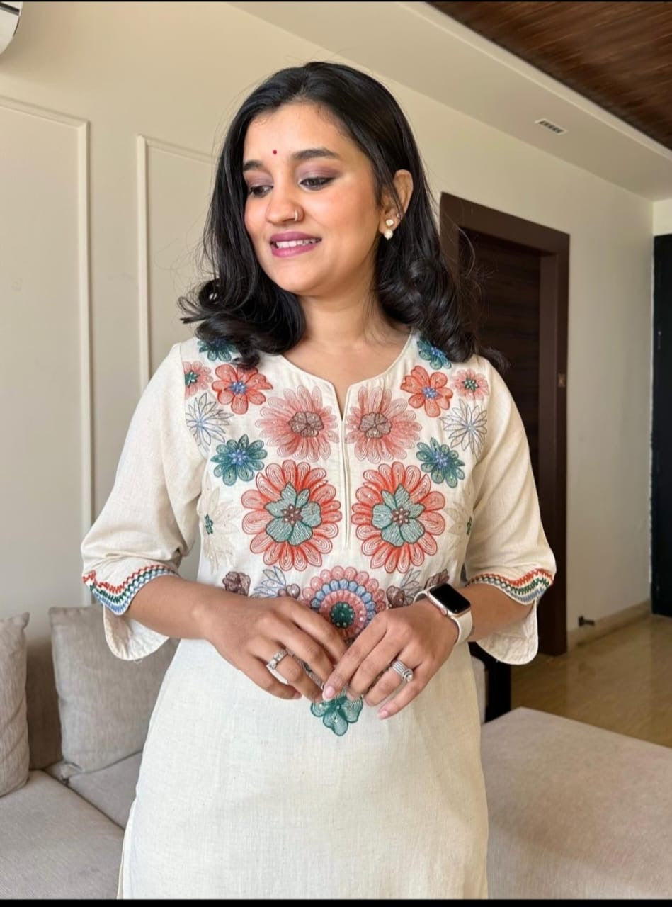 Elegant Floral Off White Cotton Flex Embroidered Kurta Set