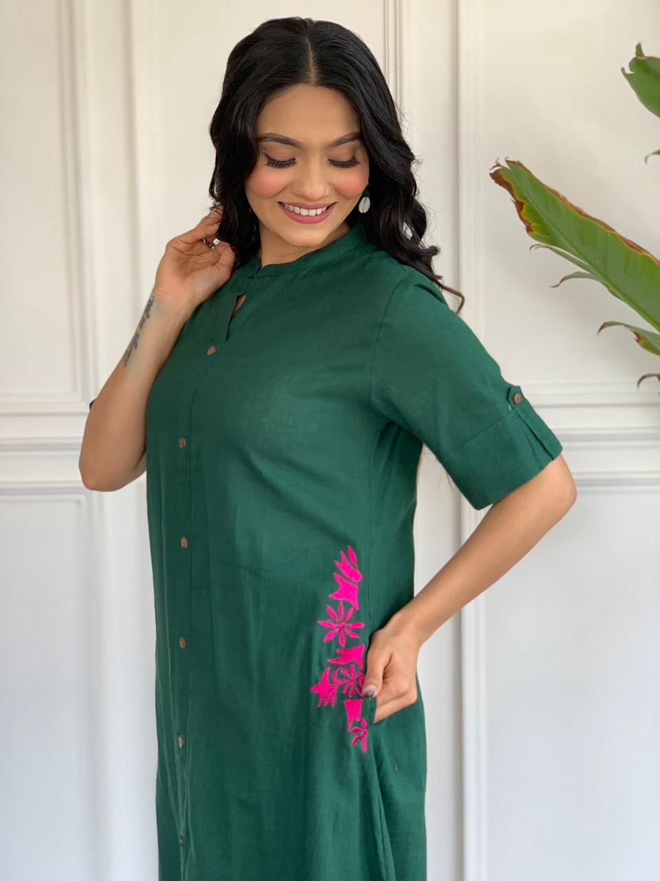 Dark Green Embroidered Cotton Kurta And Plazzo Set with Pockets