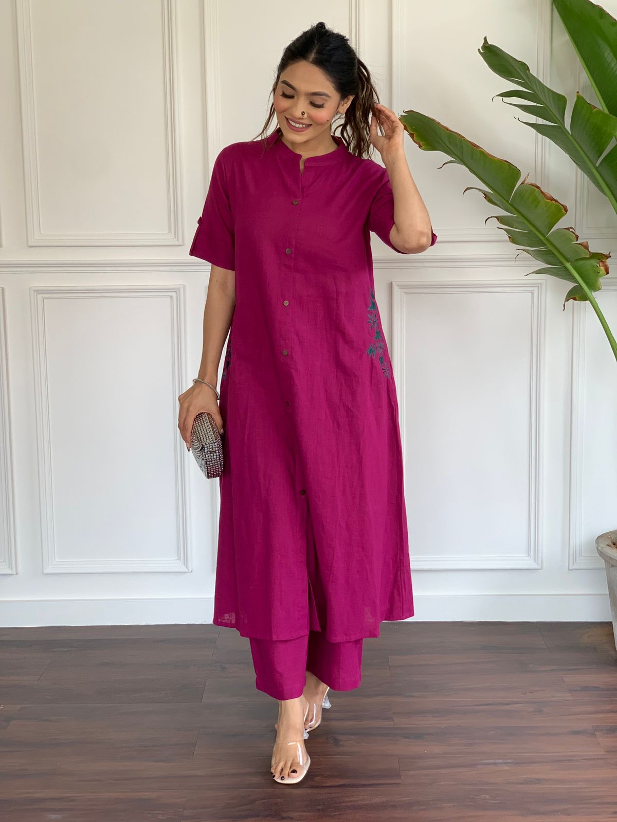Fuchsia Pink Embroidered Cotton Kurta and Plazo Set with Pockets