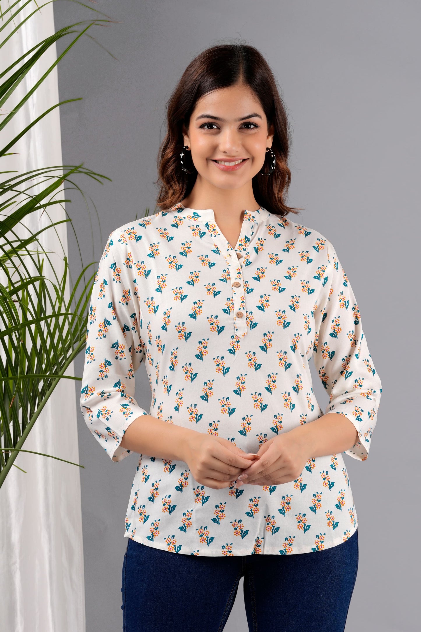 Casual Regular Sleeves Printed Women White Top Tunic
