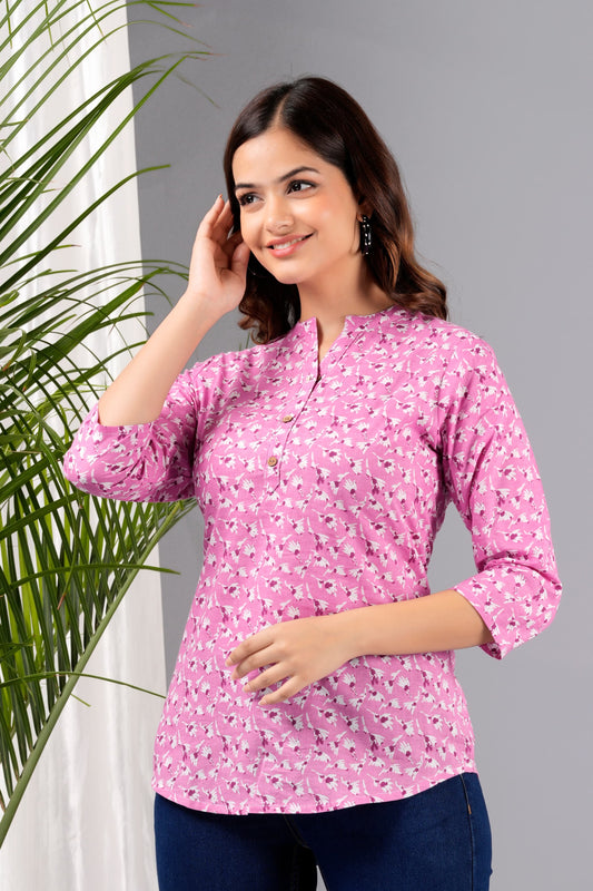 Crosstrap Women Tunics Top Cotton Floral Printed Short Kurti Pink Color