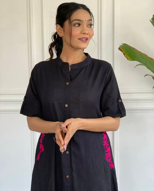 Elegant Black Layered Embroidered Cotton Kurta and Plazo Set with Pockets