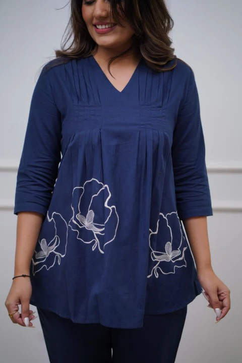 Royal Blue A-Line Embroidery Kurta With Pant