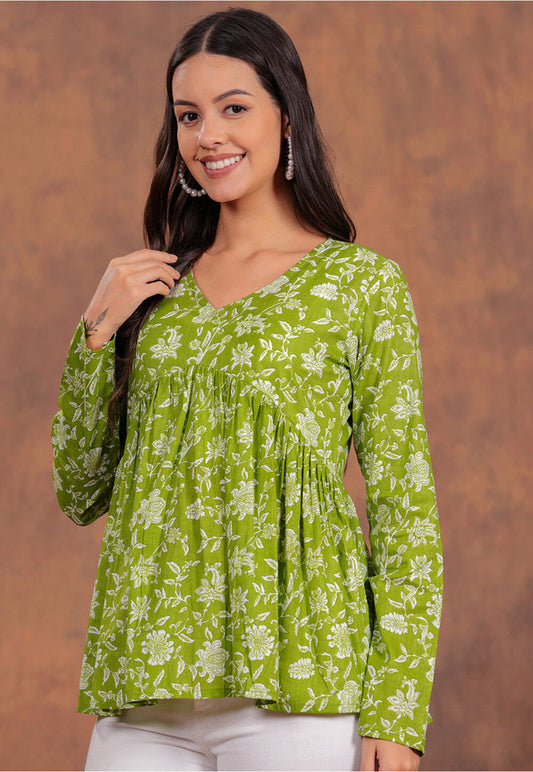 Printed Pure Cotton Top in Green
