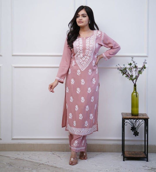 PINK CHIKANKARI EMBROIDERED INDIAN PAKISTANI TRADITIONAL STRAIGHT SALWAR KAMEEZ KURTI PANT SET FOR WOMEN