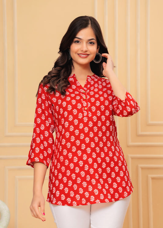 Red Printed Straight Tunic Top