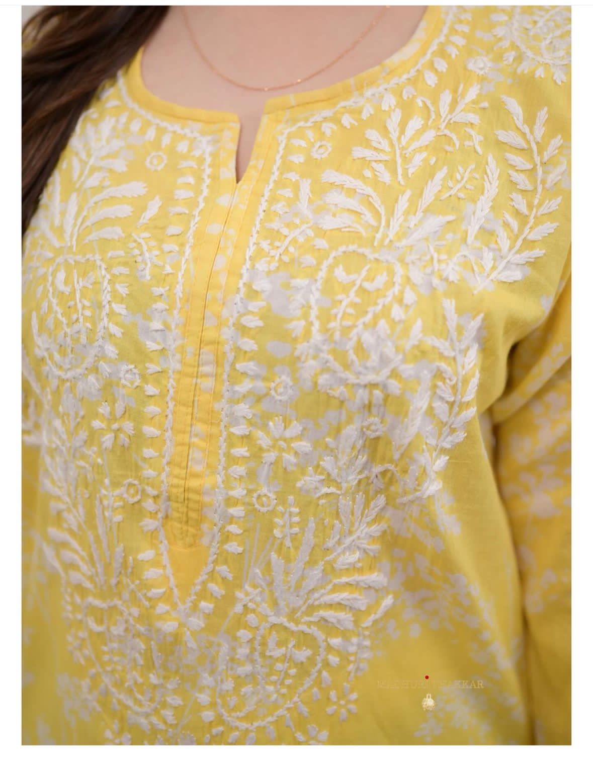 YELLOW CHIKANKARI EMBROIDERED STRAIGHT MUL COTTON KURTI