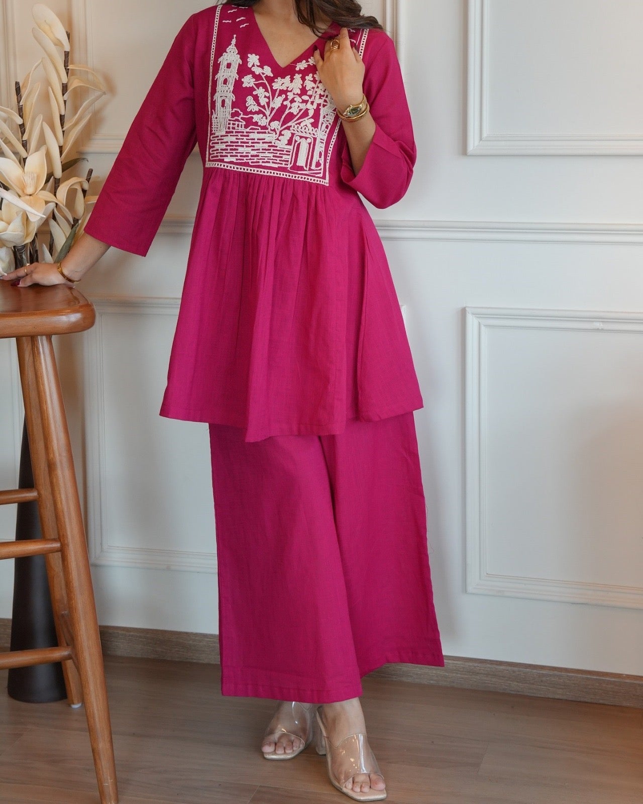 Magenta Embroidered Premium Cotton Co-Ord Set