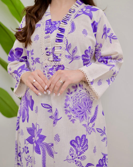 PURPLE FLORAL A LINE PREMIUM 100% COTTON KURTA SET