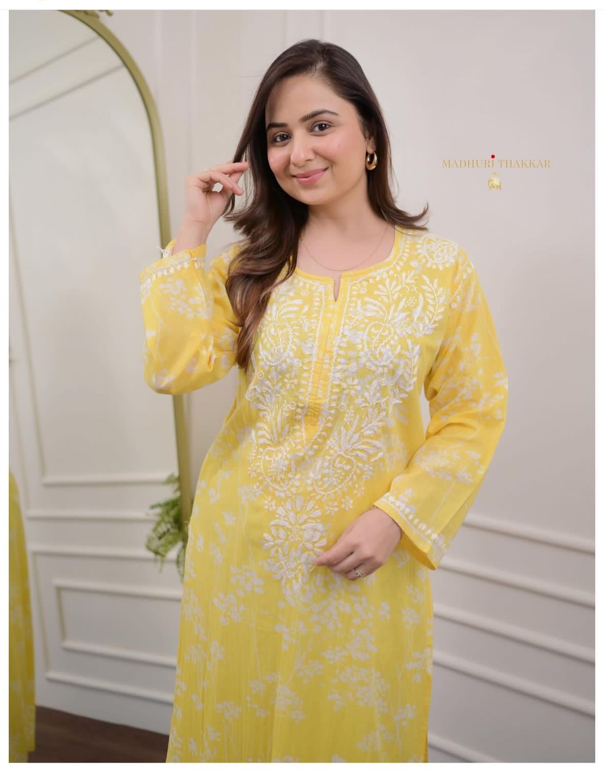 YELLOW CHIKANKARI EMBROIDERED STRAIGHT MUL COTTON KURTI